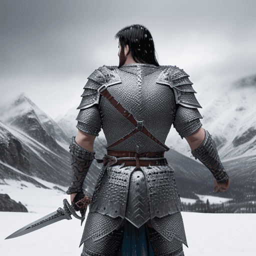 AI generated: Warrior man in chain mail armor wielding a long sword, mountainous background with snowy top. He is ...