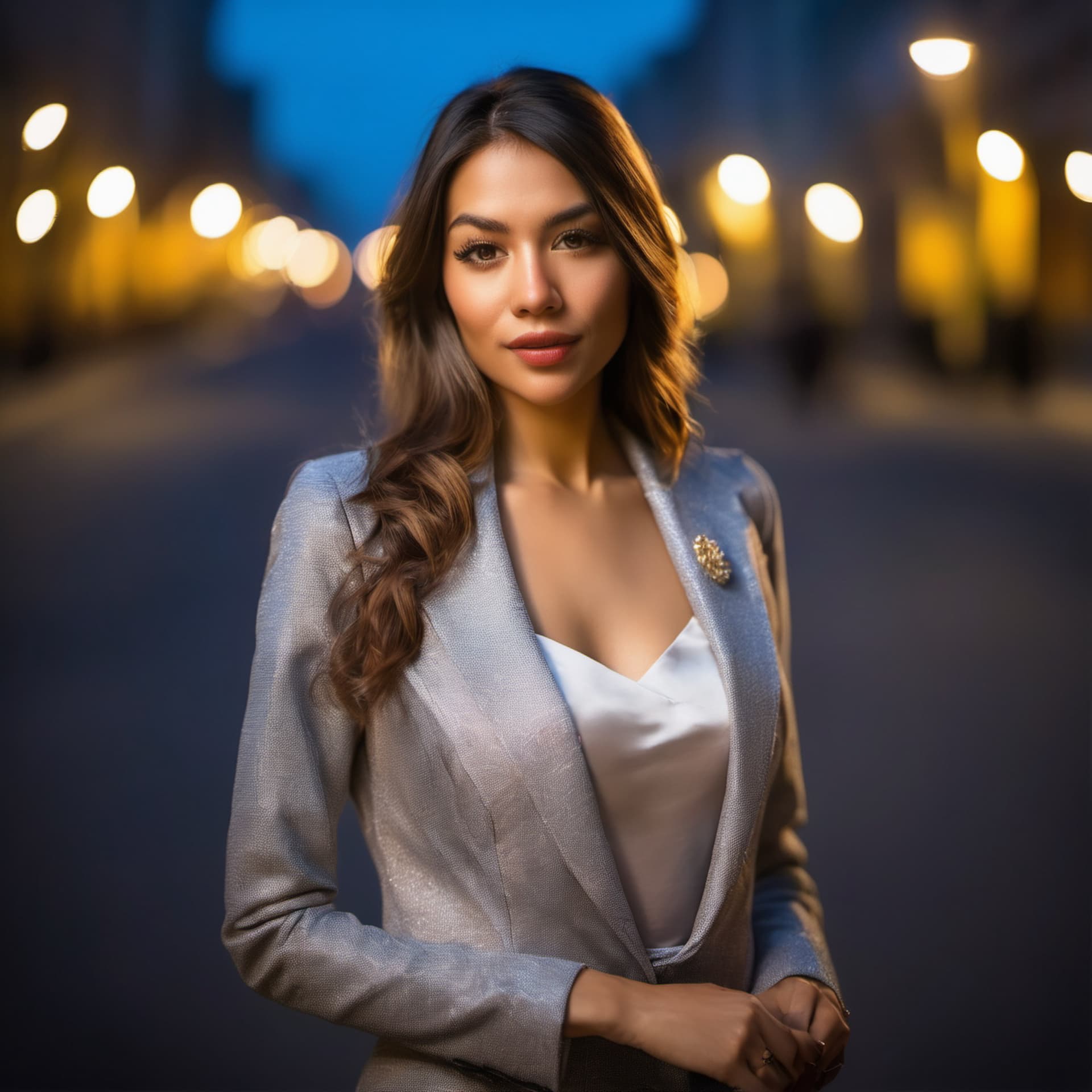 AI generated: beautiful young woman, city, city light, dept of field, wear luxurious and polite clothes,  photosho...