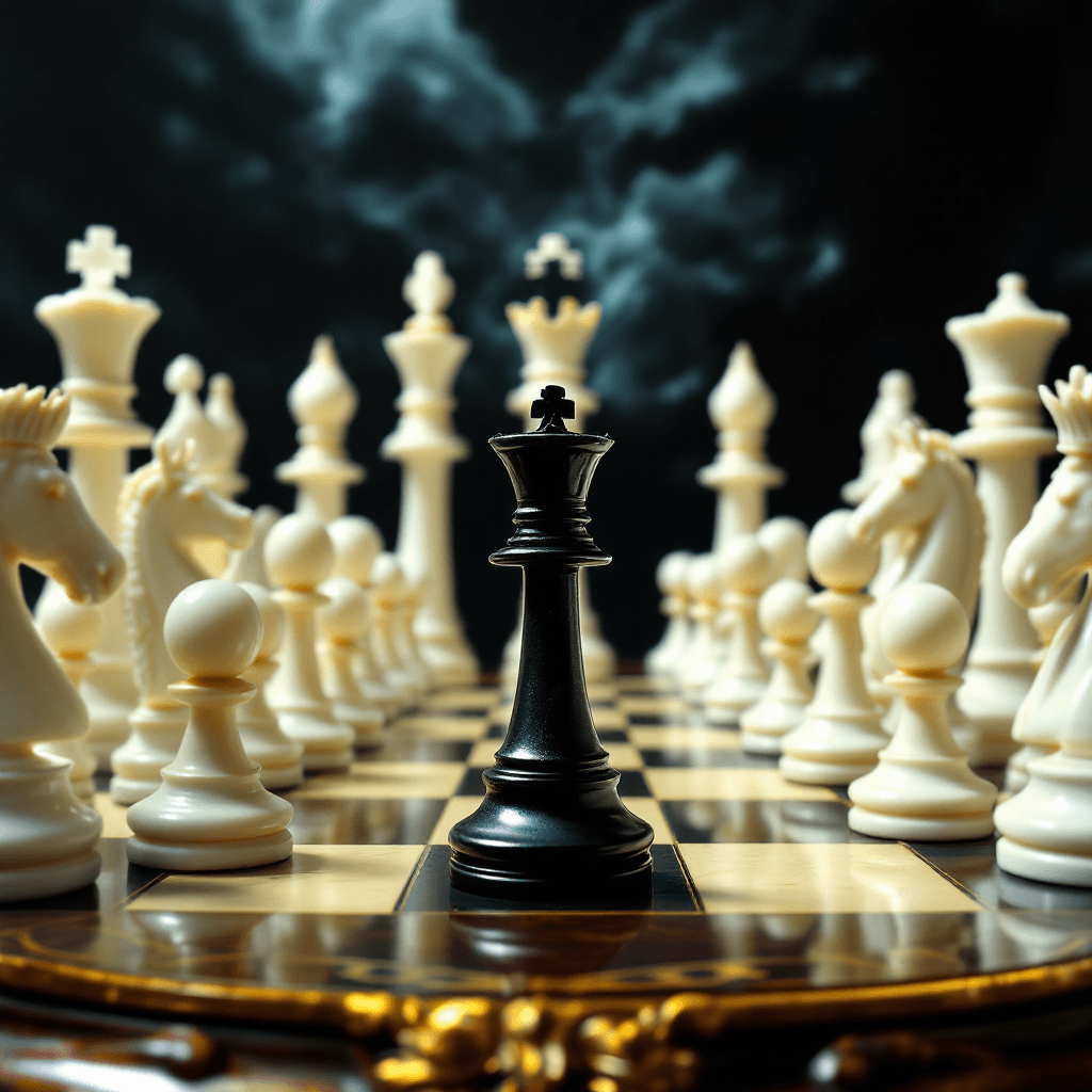 AI generated: A solitary black king piece stands defiantly in the center of an ornate mahogany chess board, surrou...
