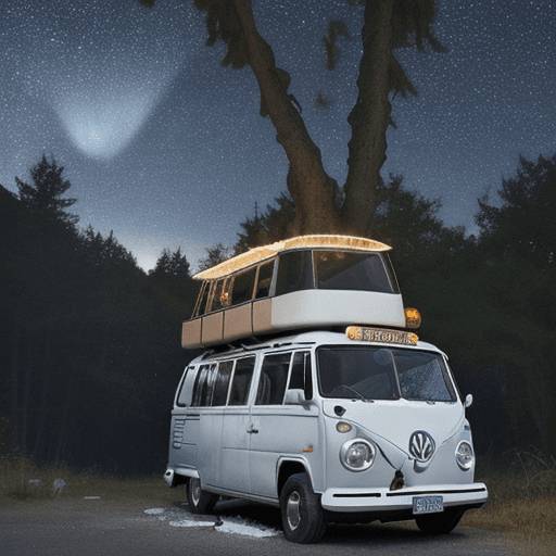 AI generated: photorealistic picture of a white VW BUS on top of a hill, there are 4 people inside of the bus, war...