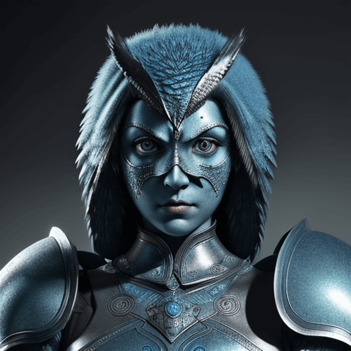 AI generated: Anthropomorphic blue owl, big green eyes, lots of details, portrait, finely detailed armor, cinemati...