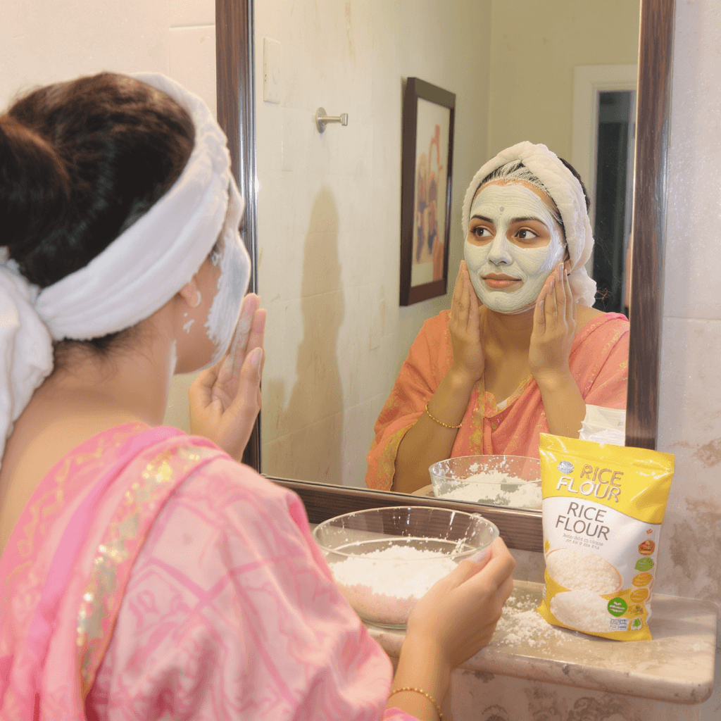 AI generated: A girl of mid 25 years wearing salwar suite is standing in front of mirror with her reflection, appl...