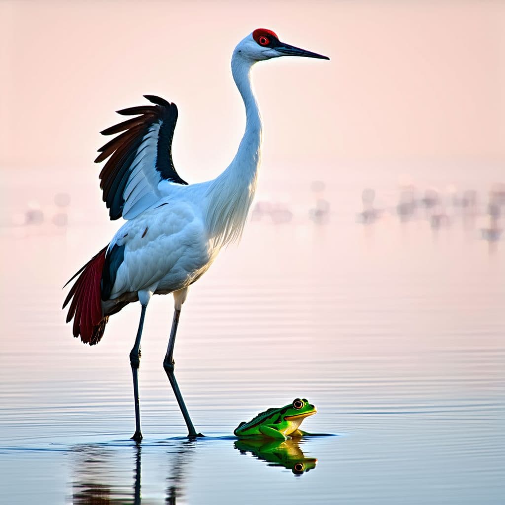 AI generated: Prompt: A realistic digital illustration of an elegant white crane with dark maroon and teal plumage...