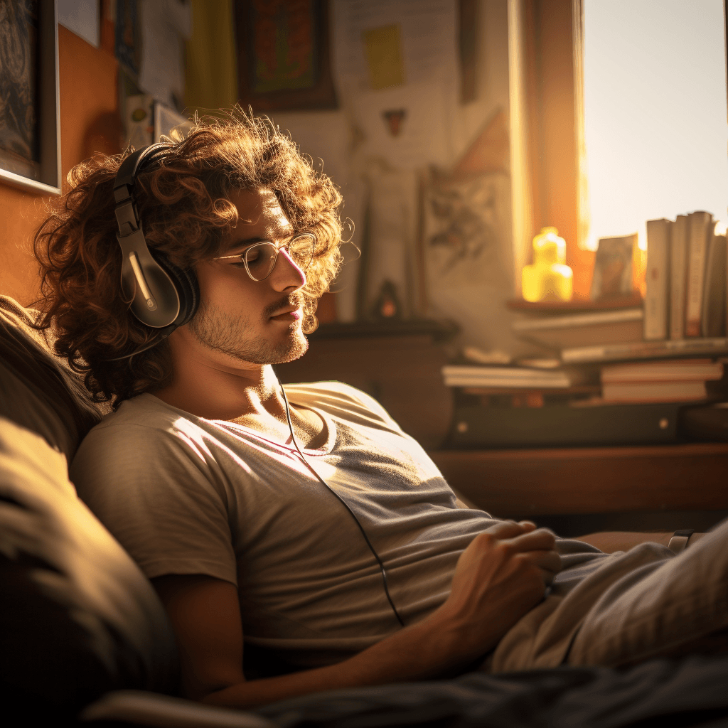 AI generated: 25 year old man with headphones, lost in a book. Curly hair. Glasses perched on his nose. Cozy bedro...