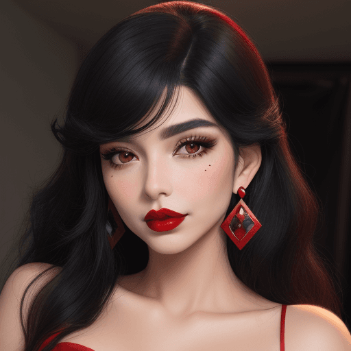 AI generated: solo, black hair, makeup, earrings, mole under eye, blush, jewelry, long hair with red streaks, lips...