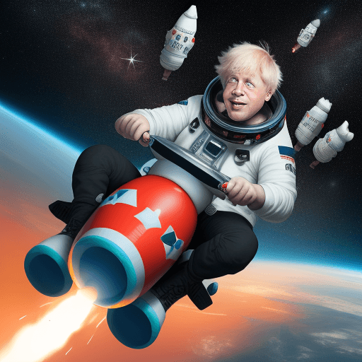 AI generated: Cartoon Boris Johnson riding a rocket filled with money through space. Colourful and eye catching. H...