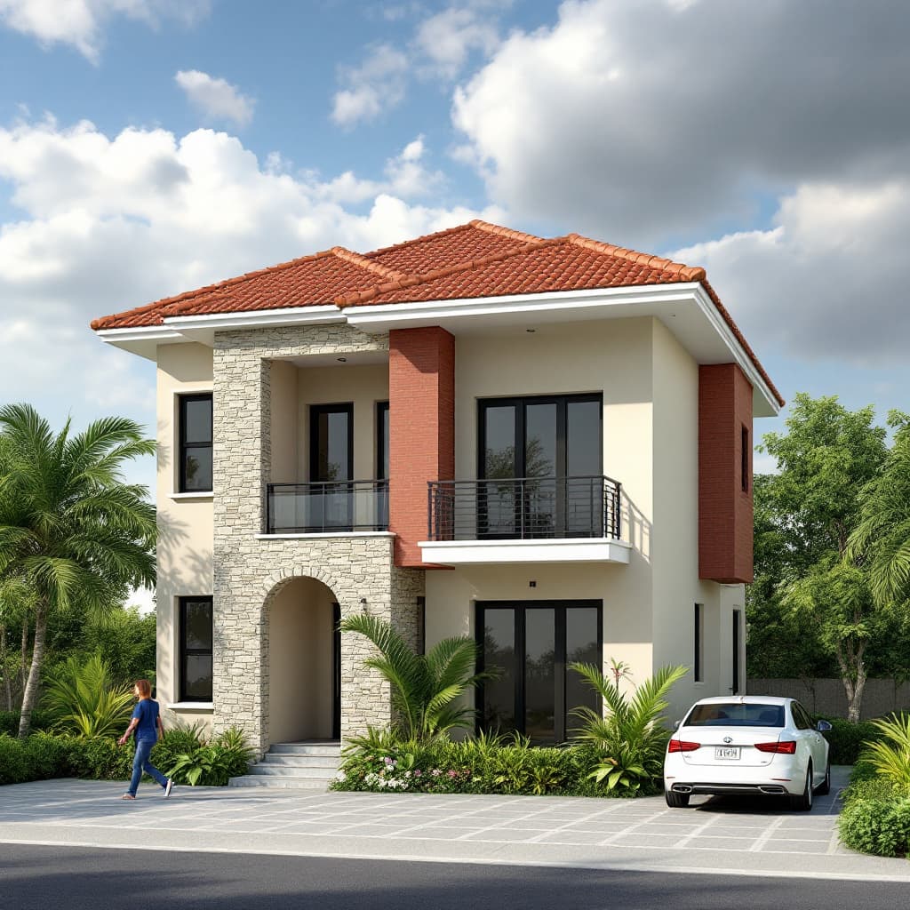 AI generated: Generate a 3D rendering of a two-story, modern residential house with a symmetrical facade. The hous...