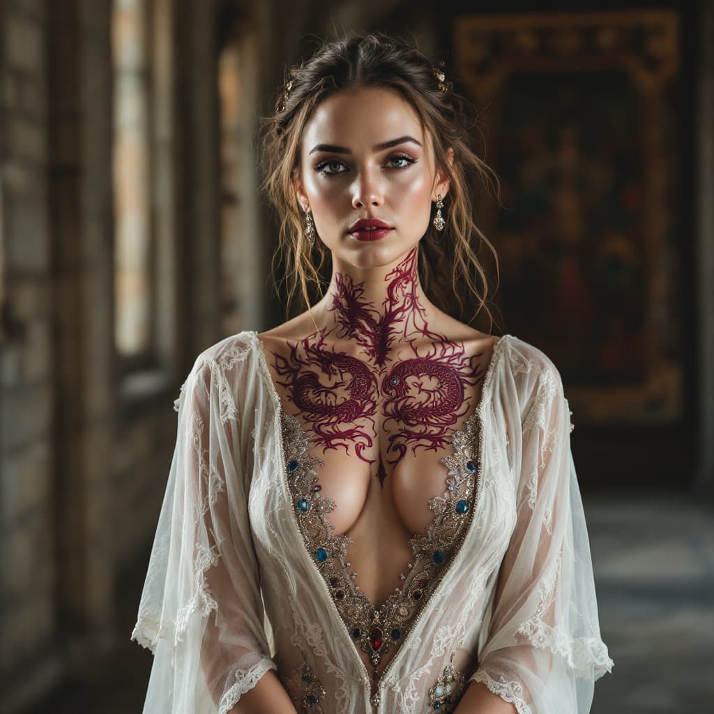 AI generated: A noblewoman from the Middle Ages in England, wearing an elegant gown of delicate lace with a V-neck...