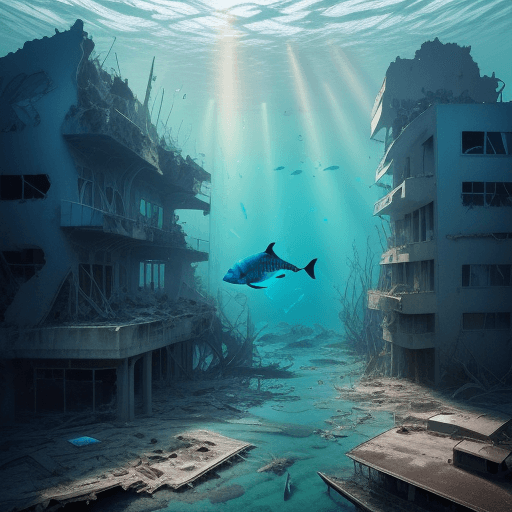 AI generated:  Destroyed modern city underwater covered with silt, algae, swim a lot of beautiful colorful fish, b...
