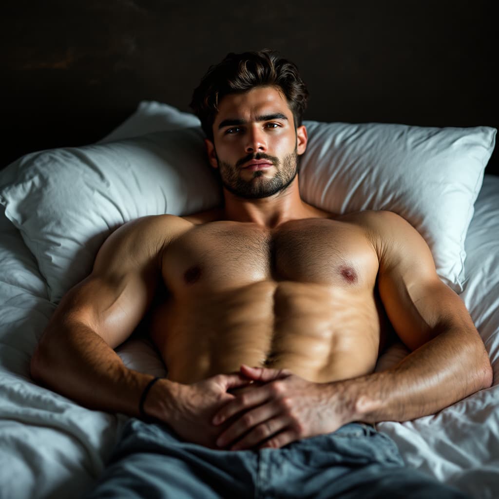 AI generated: male model naked laying on bed ,bulge 