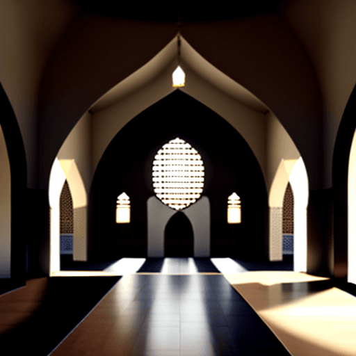 AI generated: realistic interior of a mosque that is designed on modern cured 
lines. add chandelier of heart shap...