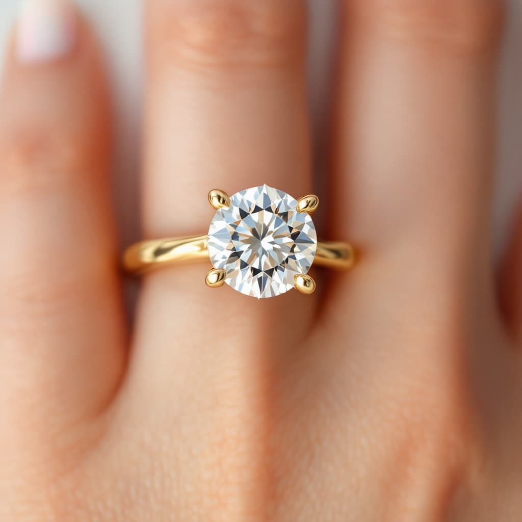 AI generated: Hyper realistic eye level professinal product image of a yellow gold solitaire engagement ring with ...