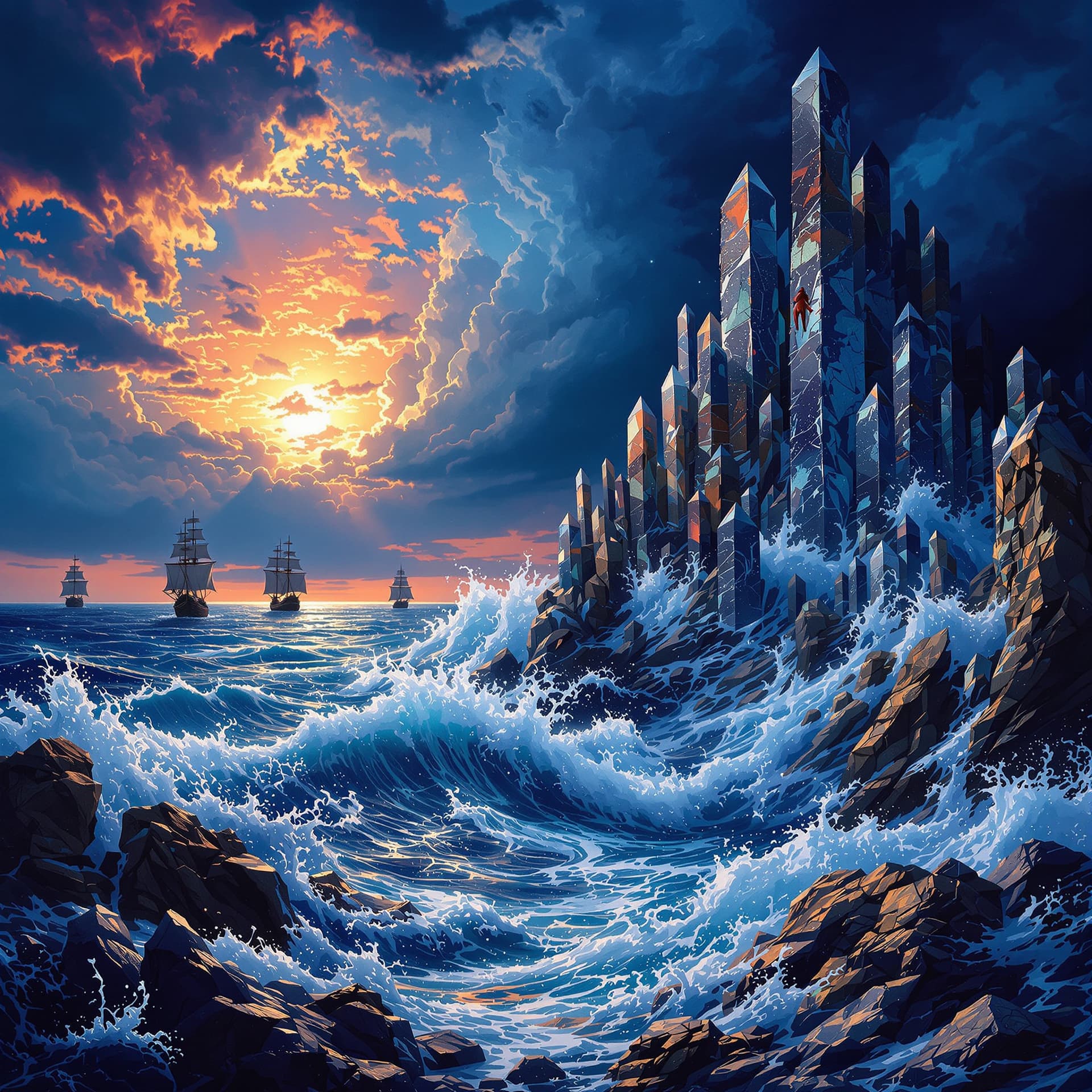 AI generated:  Psychedelic, surreal, A stormy ocean with towering waves crashing onto giant quartz crystals, dark ...
