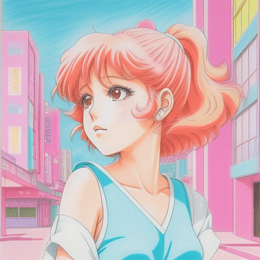 AI generated: girl anime 80's city pop style, pastel colors, handmade drawing