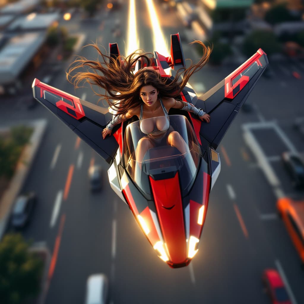 AI generated: YOUNG LATINA WITH LONG BROWN HAIR, FLYING IN A BLACK AND RED THREE-WHEELED SLINGSHOT. THE SLINGSHOT ...