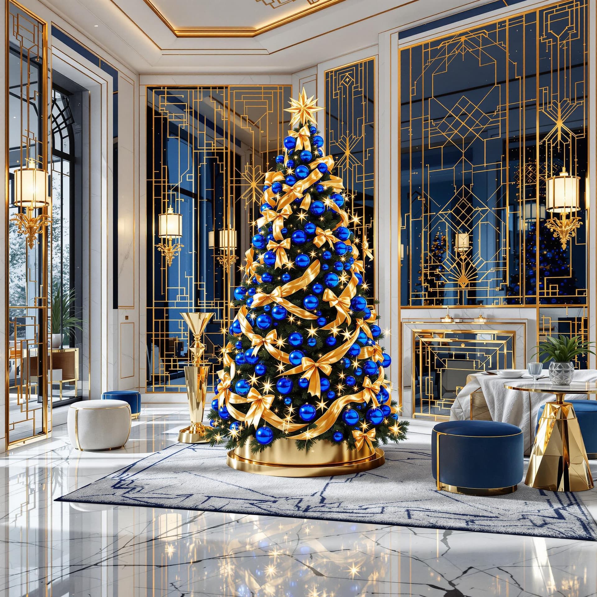 AI generated: Luxurious interior of a living room decorated for Christmas, with a luxurious tree with blue balls a...