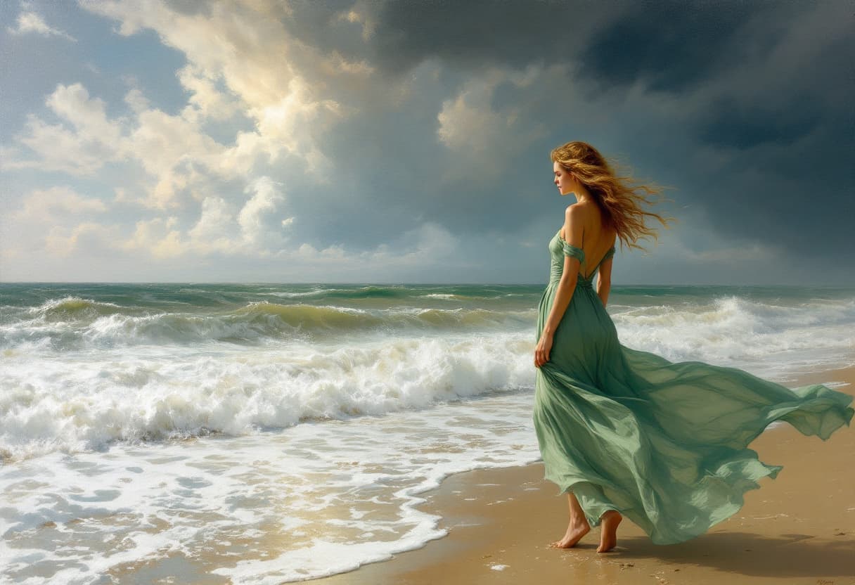 AI generated: Uma mulher solitária em um penhasco à beira-mar, ao entardecer, usando um vestido longo esvoaçante e...