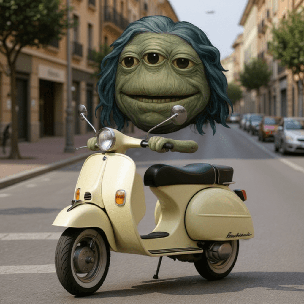 AI generated: can you make this character on a vespa through barcelona?