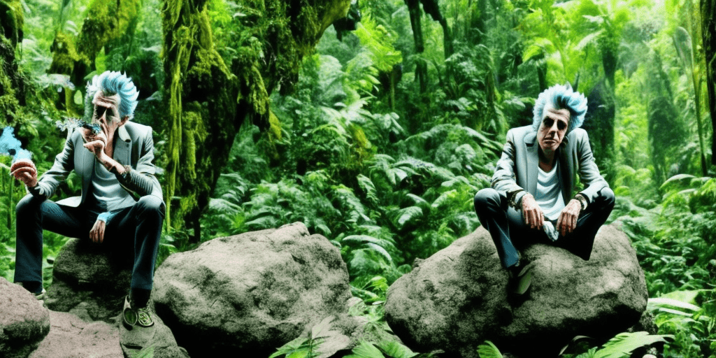 AI generated: rick sanchez smoking blunt on big rock in the jungle