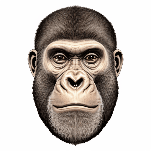 AI generated: T-shirt line art concept drawing of pale techno ape gorilla face portrait 