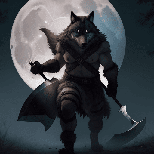 AI generated: a wolf wearing a blindfold over its eyes carrying a axe with a full moon behind him, hyper realistic...