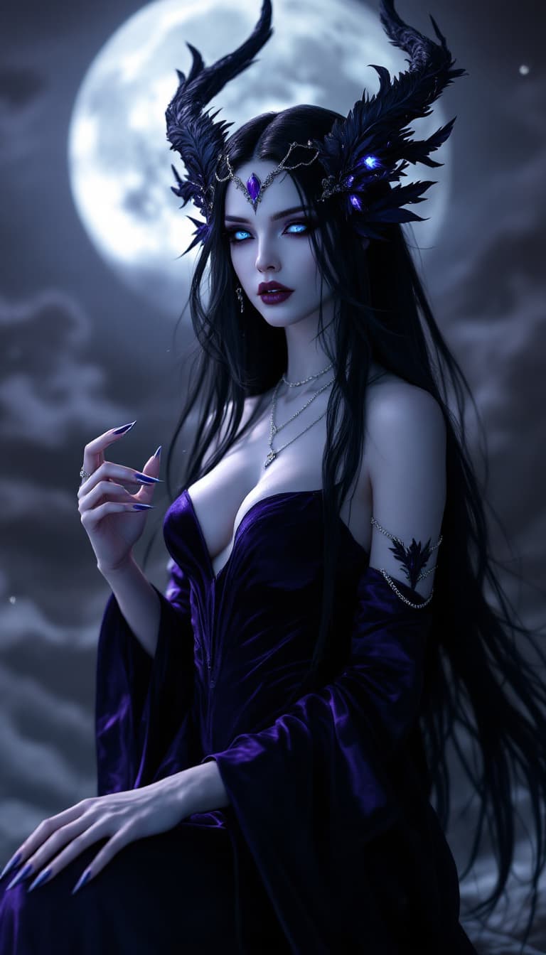 AI generated: A woman as Lilith, Queen of the Night, sharp talons, complimentary colors of deep purples and pale b...
