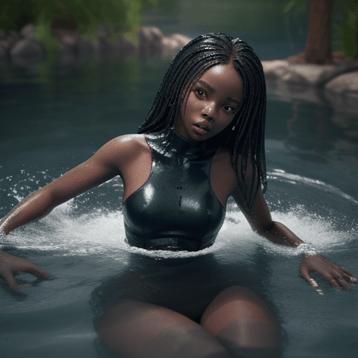 AI generated: fully clothed Black girl falls inside water, hyper-realistic, 8k image 