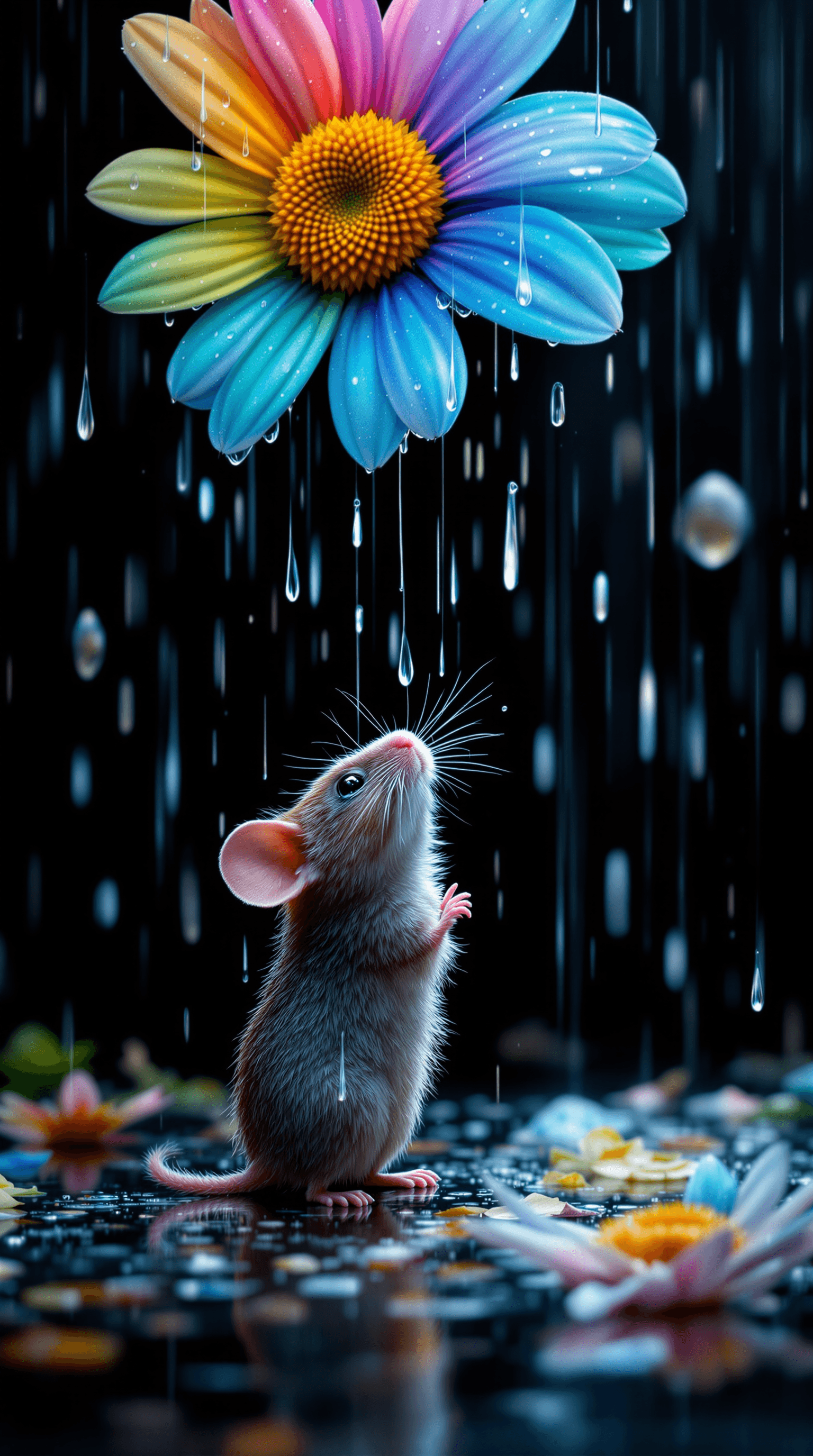 AI generated: A **high-definition, crystal-style artwork** depicting a **small, delicate mouse** taking shelter un...