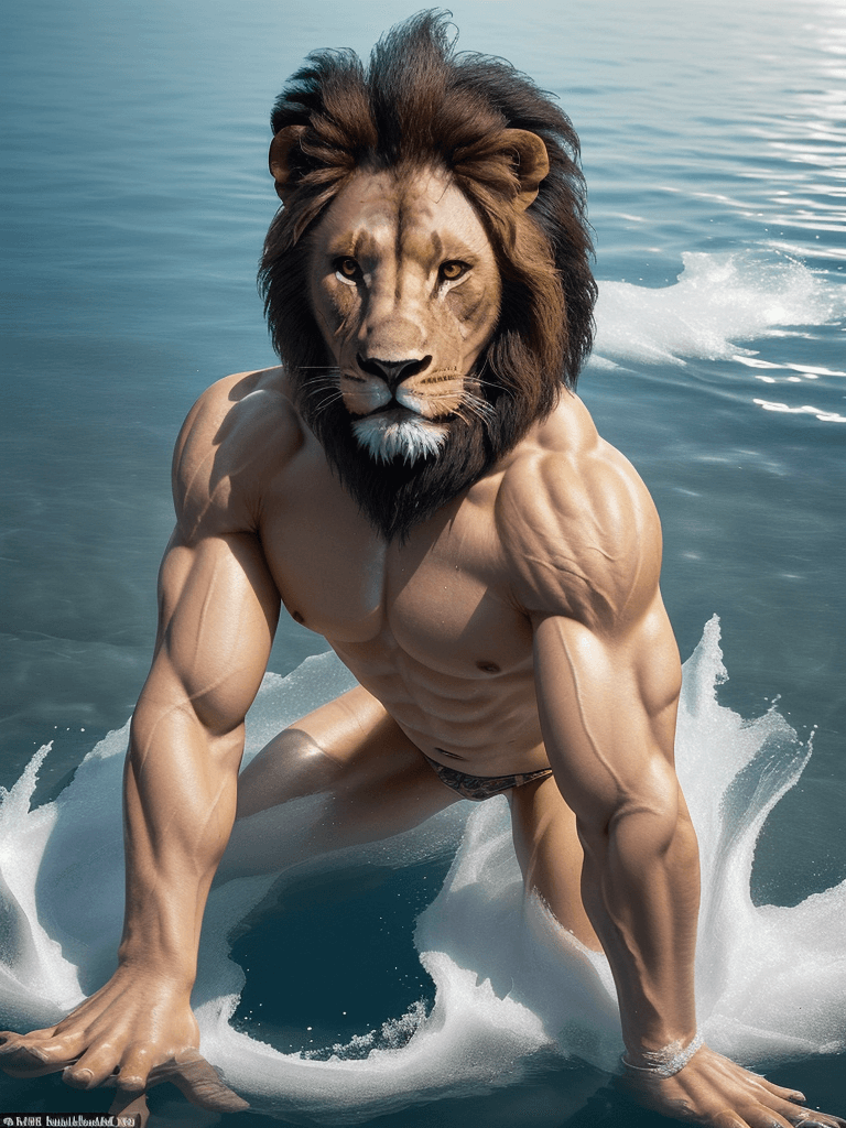 AI generated: ultra realistic photograph of (one stunning anthropomorphic ((muscular (male))) lion in swimwear, fo...