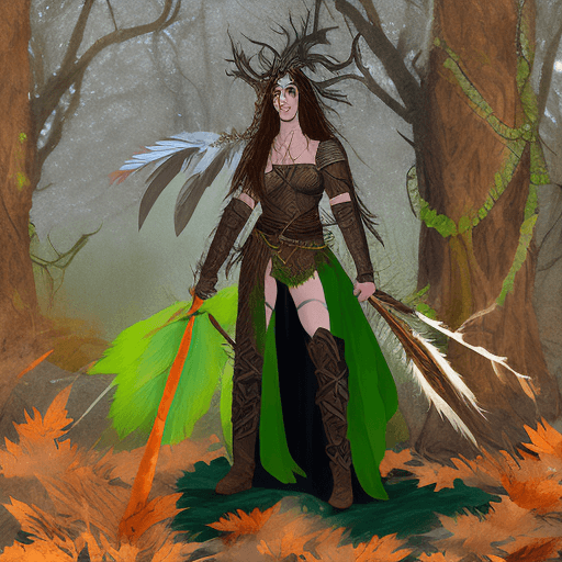 AI generated: A detailed portrayal of Leandra, a mystical druid heroine in a medieval fantasy setting. She stands ...
