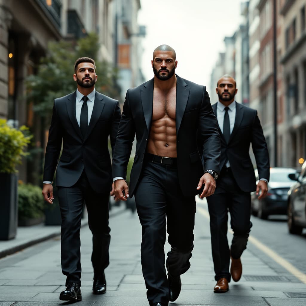 AI generated: A shaved, pumped-up and rich man walks along a wide street, accompanied by two security guards in bu...