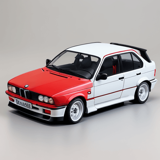 AI generated: white background. rush hour board game, in the middle, placed red BMW E30 1998 car, 90s style