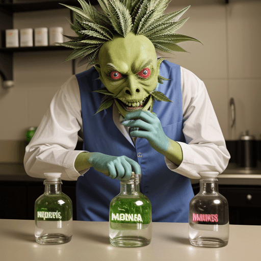 AI generated: a crazy monster chemist doing flowers of marijuana
