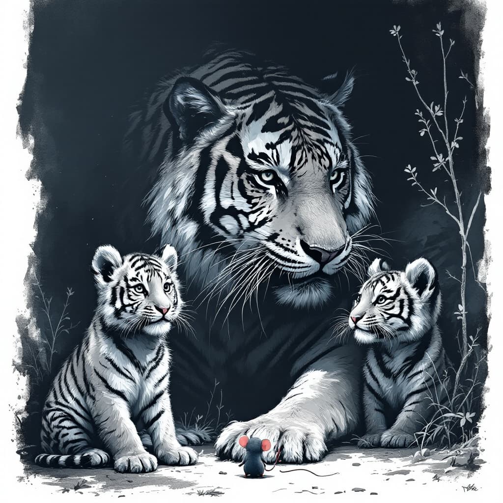AI generated: movie poster, A tiger and two tiger cubs, and a small mouse in black,white and blue, in the style of...