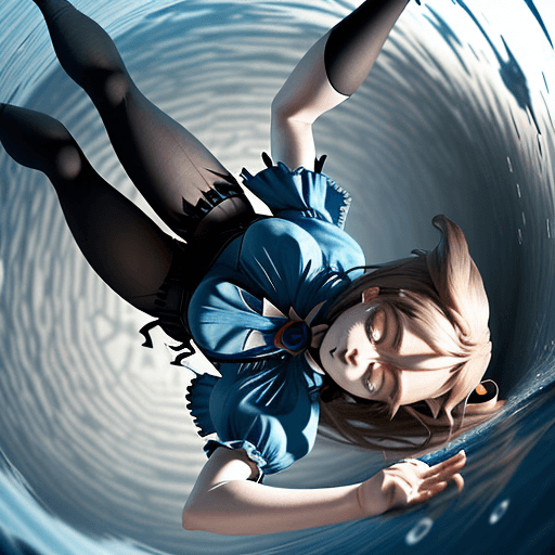 AI generated: realistic
alice but facing upward, her hairs are covering her face,
there is a movement impression o...