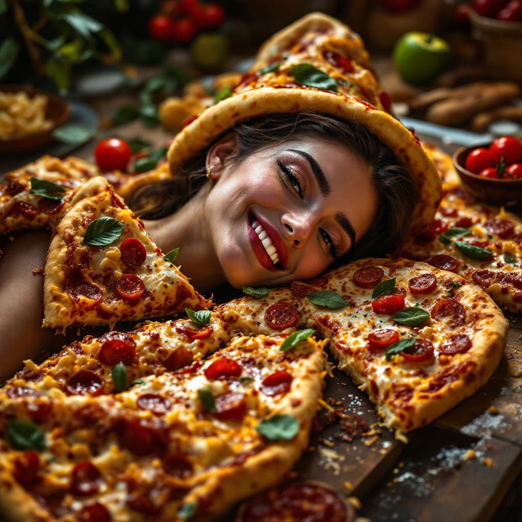 AI generated: Cuisine, A smiling woman wears a dress made of pizza as she lays on a table, rich deep colors, intri...