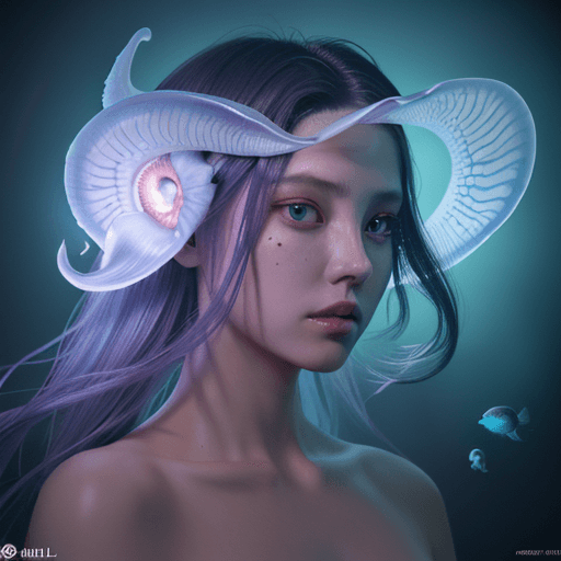 AI generated: Goddess close-up portrait ribcagel. jellyfish phoenix head, nautilus, orchid, skull, betta fish, bio...