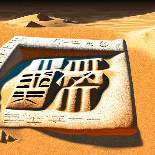 AI generated: An ancient, grey clay tablet inscribed with mysterious hieroglyphs and cuneiform laying half buried ...