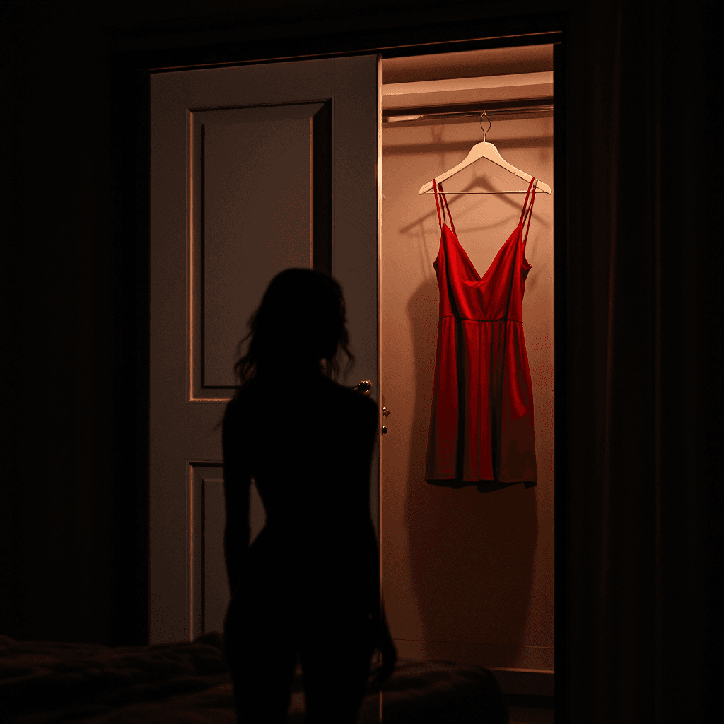 AI generated: A sliding-door open closet in a luxurious bedroom. Inside the closet there is a red spaghetti-strap ...