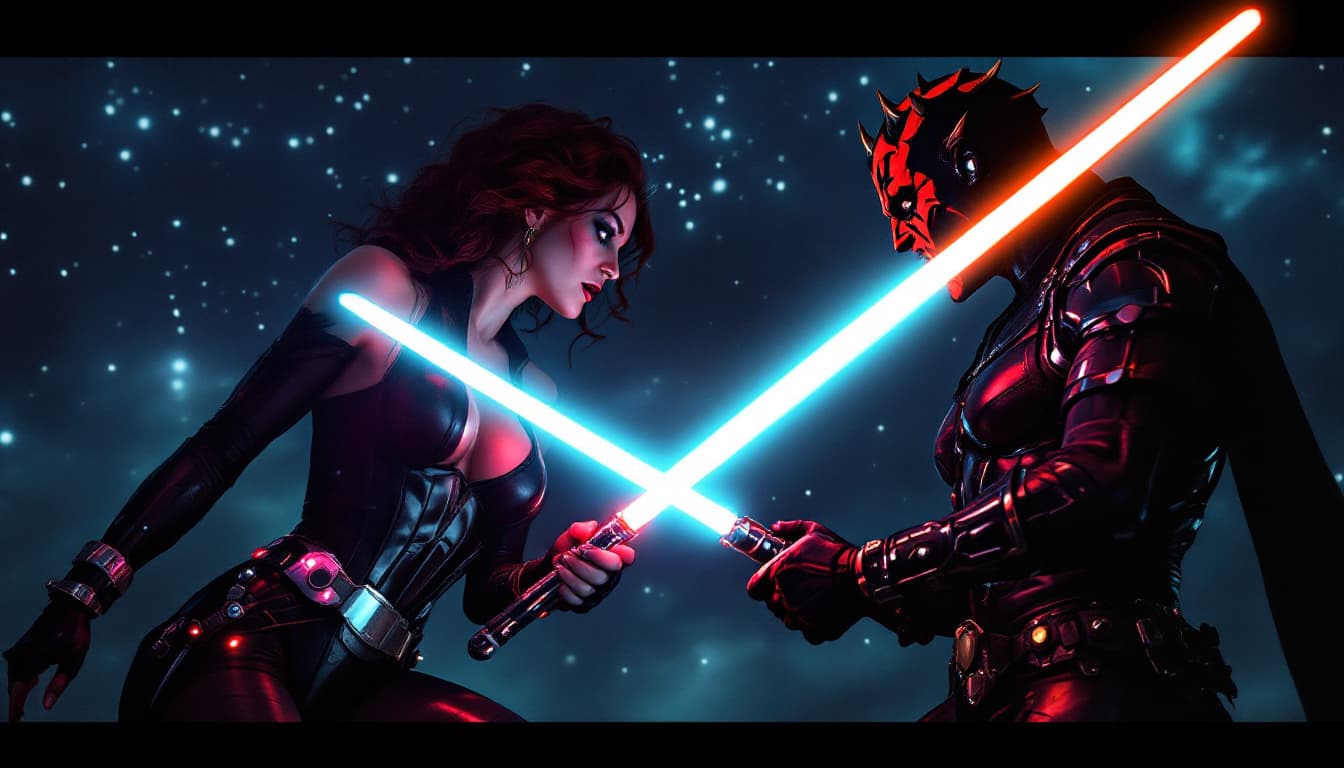 AI generated: A 1940s-style, Two pin-up models clash lightsabers under a starry night sky. One wears a sleek Jedi-...