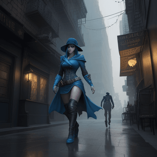 AI generated: D. Strange walk in a city of thieves with a (rogue thief) looking at the camera, blue eres, 8k, mast...