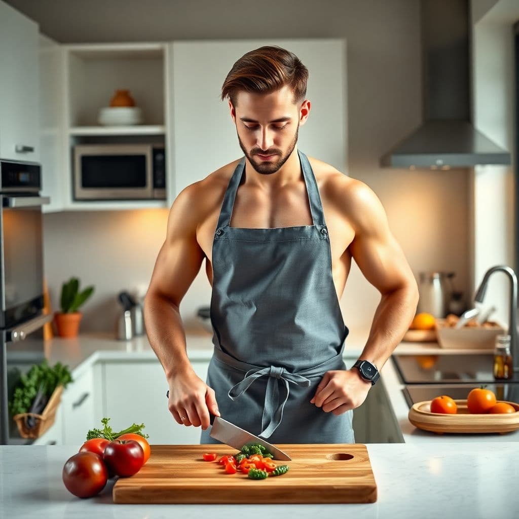 AI generated:  handsome 29-year-old European man, with chiseled features and well-groomed hair, stands in a modern...