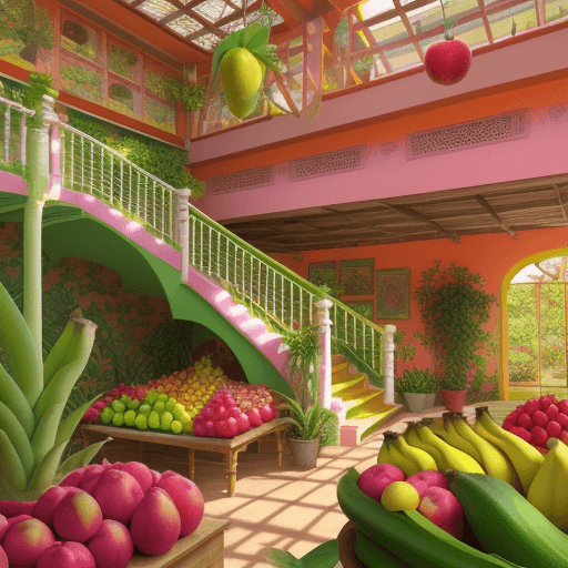 AI generated: fruit house, two floors of bright fruits, garden, colorful, bright colors, bananas, apples, pitahaya...
