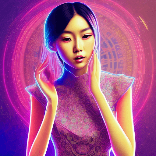 AI generated: asian girl wearing an elegant top or dress at night, in the style of iconic album covers, neon-infus...