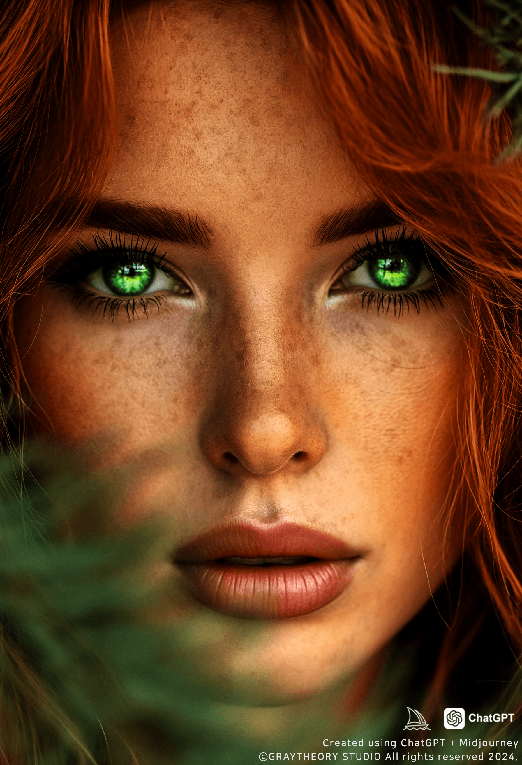 AI generated: photo of a woman, fiery red hair, 280mm f/5.5 lens, earthy green and brown optical, soft-focused rea...