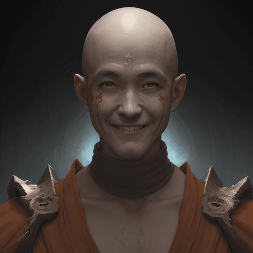 AI generated: A portrait of a smiling battel Monk, kind and wise Monk, ghost, ghost town, extremely brutal epic co...