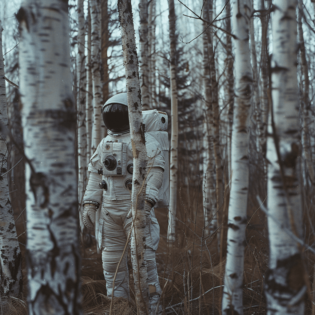 AI generated: Man dressed as an astronaut stands in a birch forest, Canon EOS-1D, f/5, photo realistic