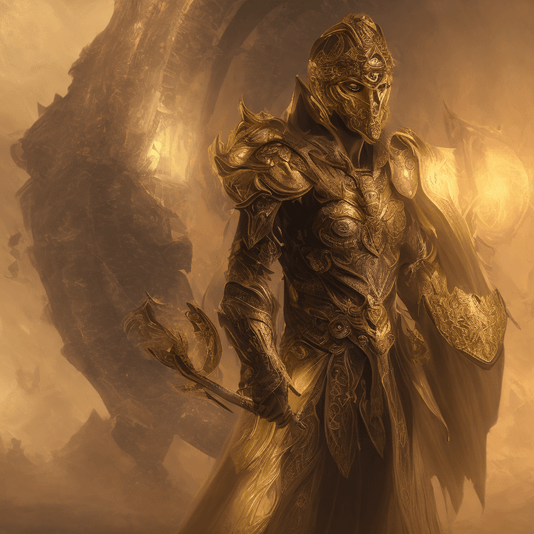 AI generated: Hero with a golden mask, facelees mask, asymmetrical spiked armor, highly detailed, glowing halo abo...