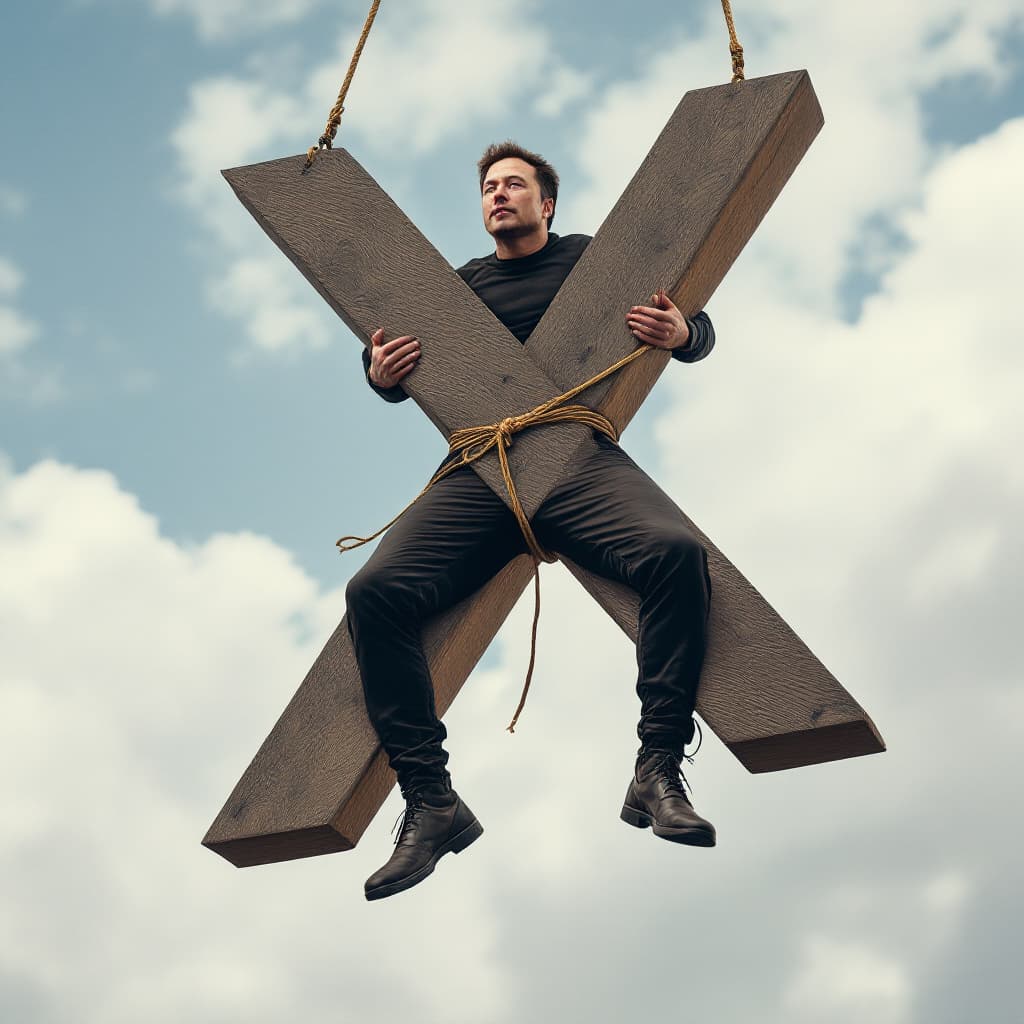 AI generated: Elon Musk, arms and legs in an X , tied to a big wooden letter X, suspended in the air