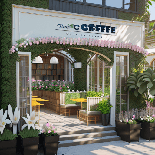 AI generated: The exterior concept design of the open coffee shop, inside a large garden, with many flowers and pl...